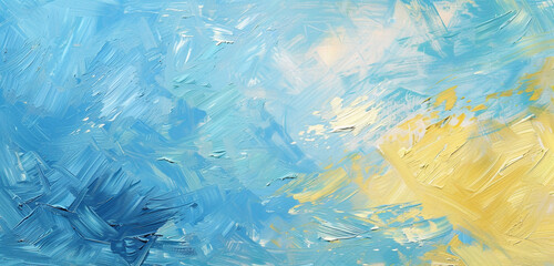 Wall Mural - Brush strokes of lemon & sky blue on canvas.