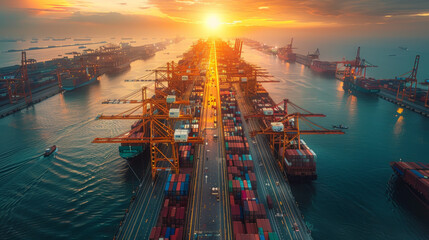 Aerial view of a bustling container port at sunrise, showcasing the global logistics operations.