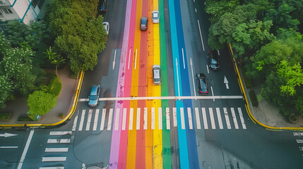 Wall Mural - A rainbow painted road on a city background in top view with copy-space for text. Background design for the Pride month festival or a creativity idea.