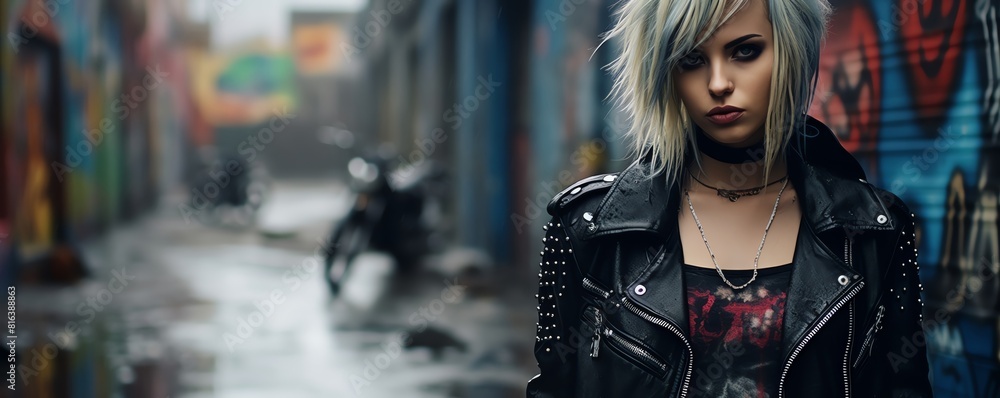 A young woman with short blonde hair and a black leather jacket stands ...