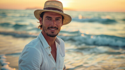 Wall Mural - A happy handsome man in a white shirt and straw hat on the beach with ocean waves and golden afternoon sunlight