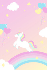 Wall Mural - vector background with a unicorn, rainbow and balloons in cloudy sky for banners, cards, flyers, social media wallpapers, etc.