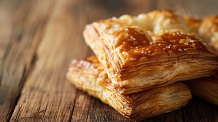 Wall Mural - Close up of delectable puff pastry on a table made of wood