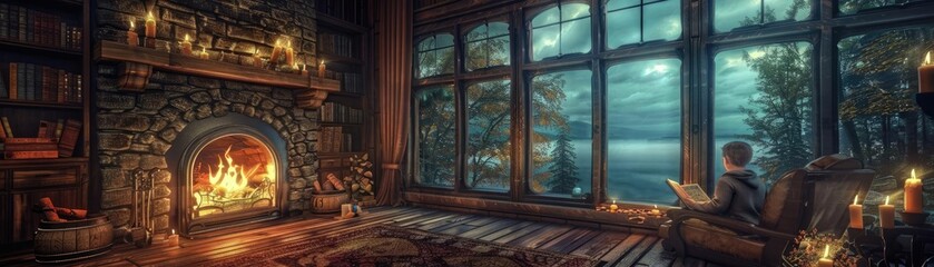 A young boy sits by a cozy fireplace, reading a magical book filled with wonder