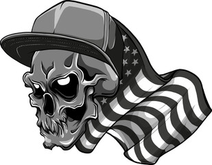 Canvas Print - vector illustration of monochrome skull with hat on american flag