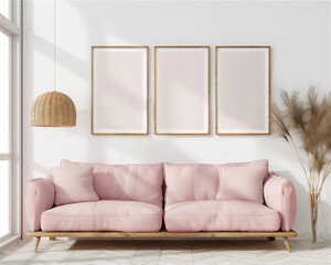 Mock Up three Poster Frames on the wall in minimalist interior living room with pink couch, luxury interior, 3d interior illustration.