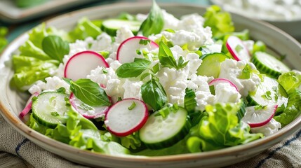 Canvas Print - Fresh salad with radish cucumber romaine lettuce cottage cheese and yogurt