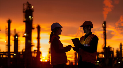 Aufkleber - Half body silhouette of male and female engineers smiling and holding laptop stand near the industrial plant The twilight sky resembles a sunset glowing with golden light wearing a hel : Generative AI