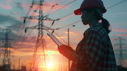 Aufkleber - Woman engineer power engineer in helmet checks power line using computer tablet online Electrician in outdoors Electric lines of high voltage at sunset Distribution and supply of elect : Generative AI