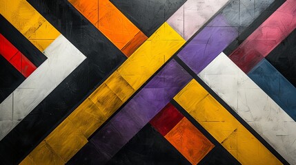 Wall Mural - Bold geometric abstract illustration with mainly gold, purple, red, white and black colors in strong lines and shapes.