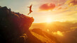 © Generative AI - Man jumping on cliff 2024 over the precipice with stones at amazing sunset New Years concept 2023 falls into the abyss Welcome 2024 People enters the year 2024 creative idea : Generative AI
