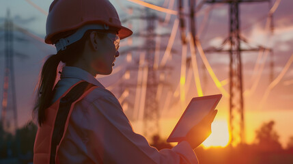 Aufkleber - Electrician in outdoors Electric lines of high voltage at sunset Woman engineer power engineer in helmet checks power line using computer tablet online Distribution and supply of elect : Generative AI