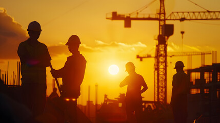 Aufkleber - Silhouette of engineer and construction team working at site over blurred background sunset pastel for industry background with Light fair : Generative AI
