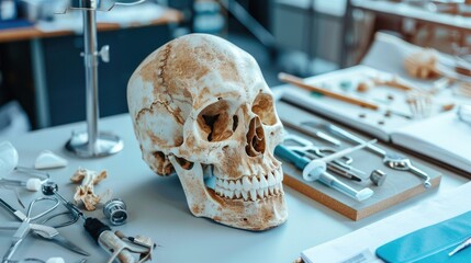 Wall Mural - Human skull model surgery tools and healthcare devices on a table with space for writing
