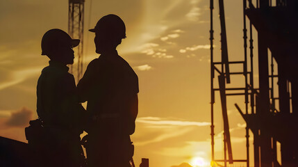 Aufkleber - Silhouette of Engineer and worker on building site construction site at sunset in evening time : Generative AI