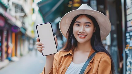 Wall Mural - beautiful woman with white blank screen phone for mockup