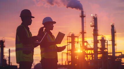 Aufkleber - Half body silhouette of male and female engineers smiling and holding laptop stand near the industrial plant The twilight sky resembles a sunset glowing with golden light wearing a hel : Generative AI