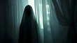 © Generative AI - Horror silhouette in window with curtain inside bedroom at night Horror scene Halloween concept Blurred silhouette of ghost : Generative AI