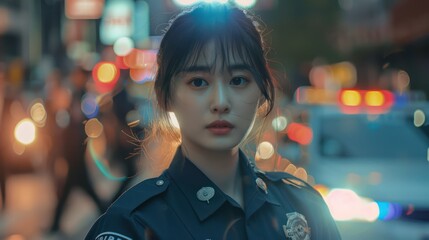 a Korean woman in a police uniform stands on the street with a bokeh background