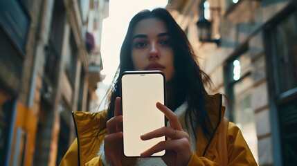 Wall Mural - beautiful woman with white blank screen phone for mockup