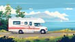 RV driving along the coastal highway illustration. Beautiful scenery with a distant yacht