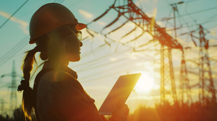Aufkleber - Electrician in outdoors Electric lines of high voltage at sunset Woman engineer power engineer in helmet checks power line using computer tablet online Distribution and supply of elect : Generative AI
