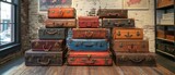 Fototapeta  - A podium constructed from vintage suitcases, evoking a sense of nostalgia and history