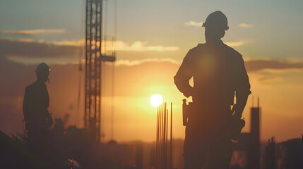 Aufkleber - Silhouette of Engineer and worker on building site construction site at sunset in evening time : Generative AI