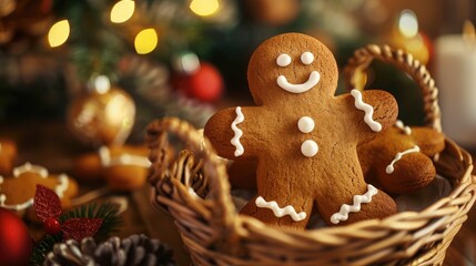 Wall Mural - A festive gingerbread man near a basket of ginger cookies with a blurred background representing the Christmas theme