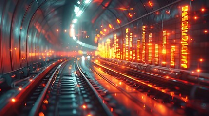 A futuristic train tunnel with glowing red and blue lights.