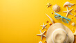 © Mangata Imagine - Abstract summer background with colorful beach accessories, sunglasses and hat on yellow color paper. Flat lay top view of tropical vacation concept with copy space for text