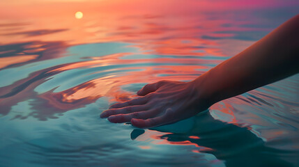 Wall Mural - Female hand touching the calm ocean lake water surface reflecting a beautiful colorful summer sunset : Generative AI