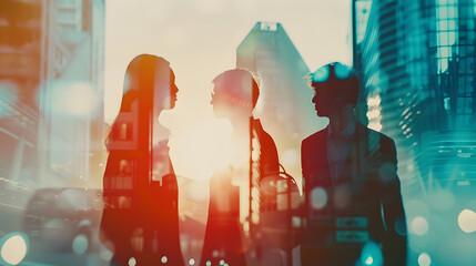 Aufkleber - Silhouettes of three diverse confident business people working together in abstract blurry city with creative double exposure effect and their colleagues Concept of leadership Toned im : Generative AI