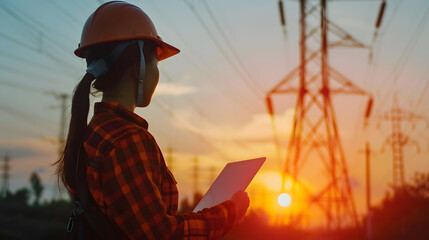 Aufkleber - Woman engineer power engineer in helmet checks power line using computer tablet online Electrician in outdoors Electric lines of high voltage at sunset Distribution and supply of elect : Generative AI
