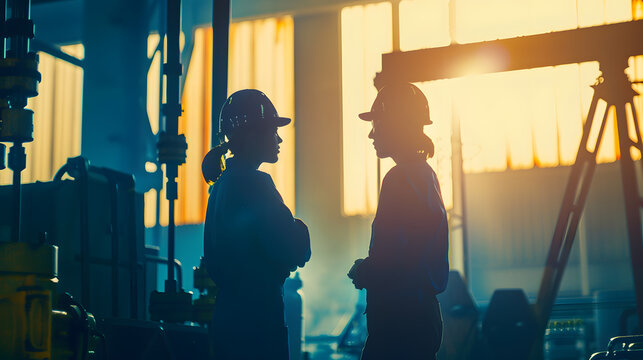 oil production two silhouette workers work as a team next to an oil pump business oil production production concept two engineers of the oil and gas industry are discussing a business  : Generative AI