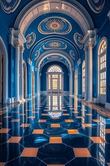 Wall Mural - Blue mansion - narrow version - 3 story manor house - English - British - aristocracy - ornate - art deco style - shiny polished floor