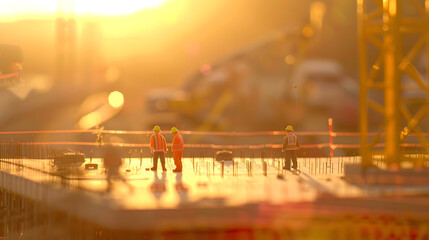Aufkleber - A team of engineers on a construction site pass a blurry construction site at sunset : Generative AI