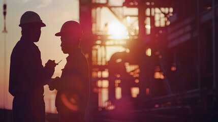 Aufkleber - Silhouette of Engineer and worker checking project at heavy infrastructure building site background construction site at sunset in evening time : Generative AI