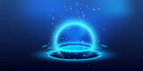 Fototapeta Panele - Hologram portal on blue background. Podium teleport with neon light circles. Fantasy futuristic technology high tech platform. Vector illustration.