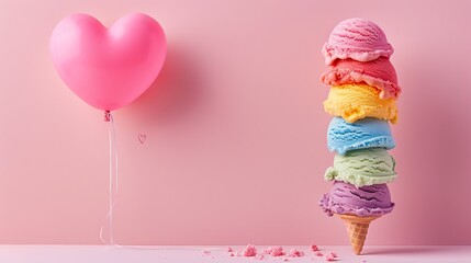 Wall Mural - A creative image of ice cream scoops in different colors stacked on top of each other, forming a rainbow tower. 