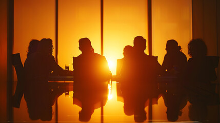 Aufkleber - Silhouettes of people sitting at the table A team of young businessmen working and communicating together in an office Corporate businessteam and manager in a meeting : Generative AI