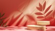 Wooden scenes of different geometric shapes on an abstract red and beige background with the shadow of plant leaves. Premium empty podium for advertising and presentation your product.