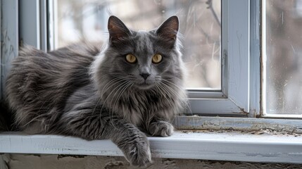 Poster - Grey cat with a fluffy coat resting on the window ledge