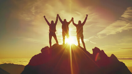 Together overcoming obstacles as a group of three people raising hands up on the top of a mountain Celebrate victory and success over sunset background Goal achievement symbol : Generative AI
