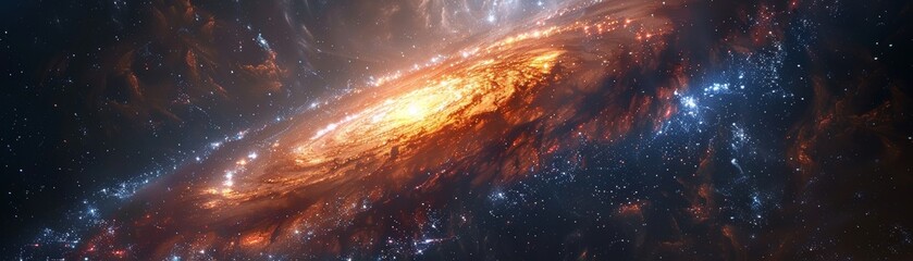 Wall Mural - The image shows a beautiful spiral galaxy with a bright center and long, winding arms. The galaxy is surrounded by a sea of stars and dust.