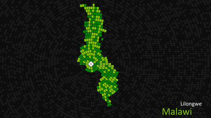 a map of malawi is presented as a mosaic with a dark background, and the country's borders are outli