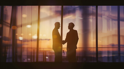 Aufkleber - Silhouette of two businessmen handshaking together while standing near window with dusk sunlight background : Generative AI