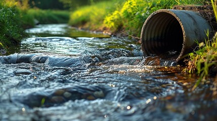 Poster - Contaminants, An image of a sewage outflow pipe discharging into a river. Illustration image, Minimal Style, Clean and Clear Color,