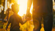 © Generative AI - Little son dad hold hands close up in nature in sun Child father walk in park at sunset family trust concept Parent kid boy outing together Adoption of child Happy family teamwork Silh : Generative AI