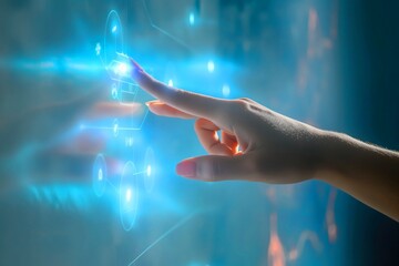 A hand presses illuminated virtual buttons against a glowing blue backdrop